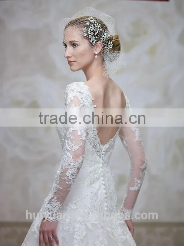 sexy low back long sleeve cathedral train wedding dress pattern