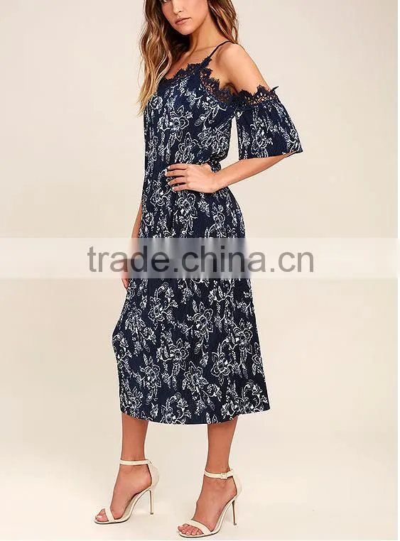 New design women dresses floral print lace top maxi hippie bohemian dress