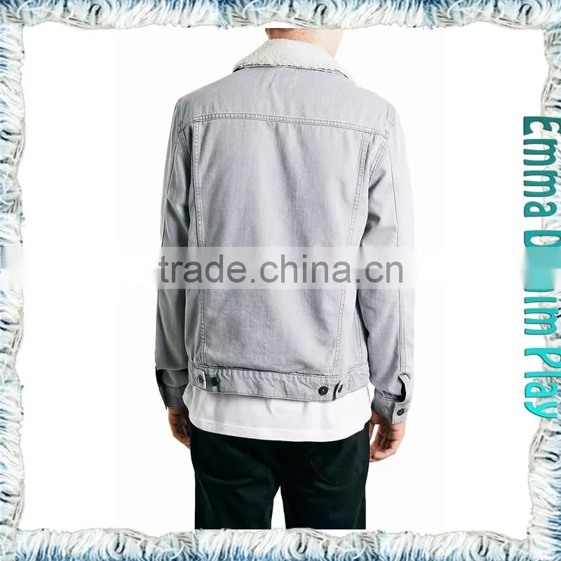 Mens White Grey Denim Jacket in Medium Worn Wash with Fur Collar