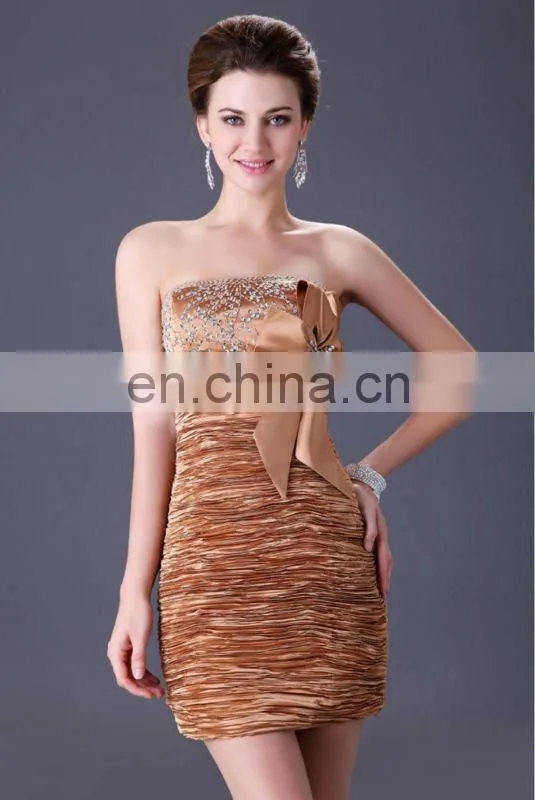 Gold Stretch Satin With Bowknot Short Cheap Cocktail Dresses CL3136