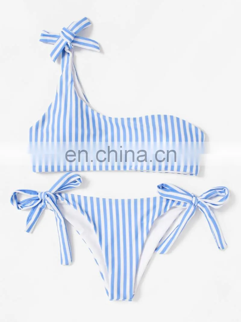 Tie Side One Shoulder Striped Bikini Set
