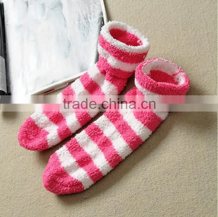 new arrival fancy design Candy color coral flocking half thickening warm winter stripes floor terry socks