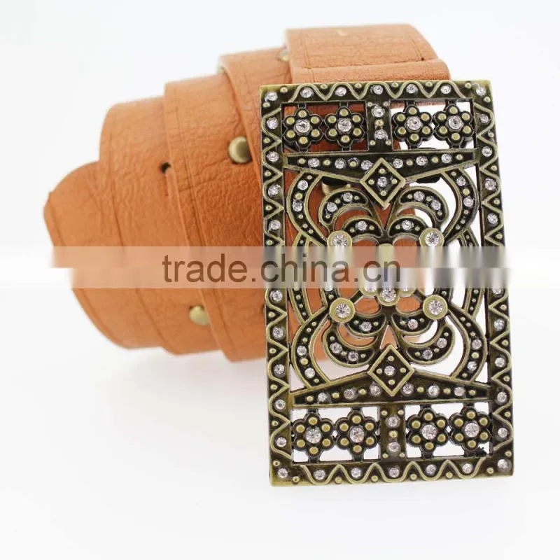 2015 Vintage Style women's fashion PU brand belt with rhinestone square shape buckle