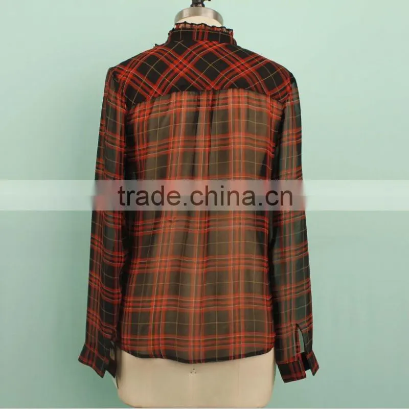 Long sleeve boutique transparent chiffon office blouse patterns