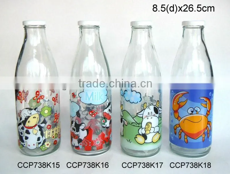 CCP738K21 1L glass milk bottle with decal printing with metal lid