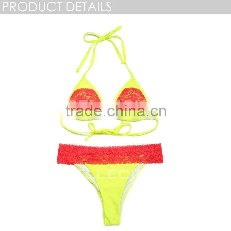 RELLECIGA 2016 Lace Collection -New Neon Yellow + Cross Red Lace Bikini Swimsuit with Triangle Top and Brazilian Cut Scrunch But