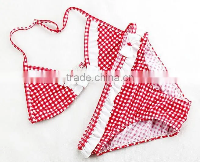 Girl Children Kid Bowknot Bikini Bowknot Check Strip Swimsuit Swimwear Beachwear