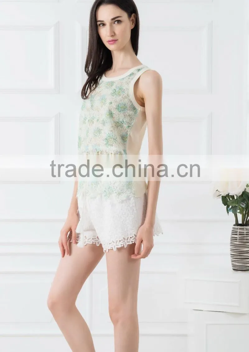 OEM Cheap price pictures of ladies suits designs lace suits tank tops with lace shorts casual wear