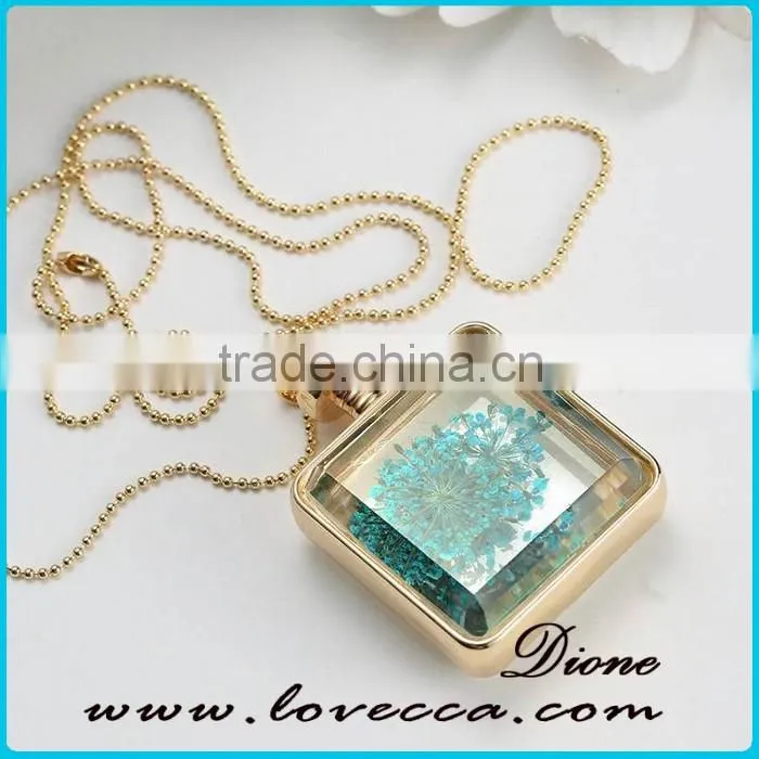 Fashion real flower special charm jewelry silver plated square necklace