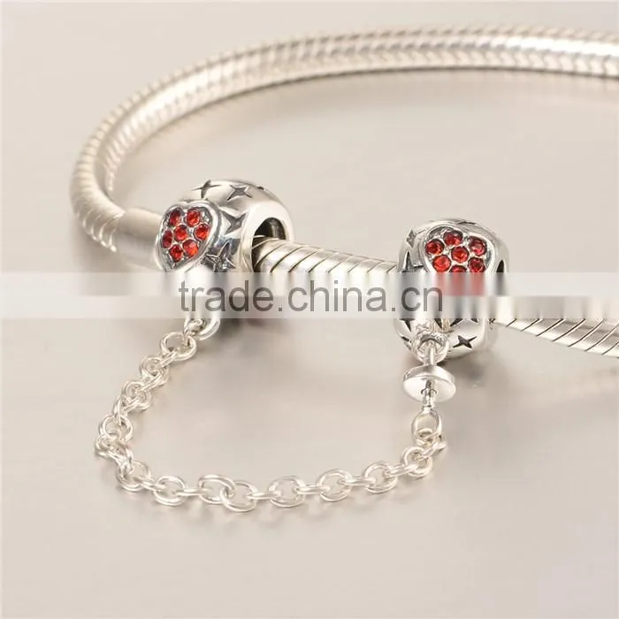 925 Sterling Silver Heart Red CZ Safety Chains Mother day Gift Bracelet Chains