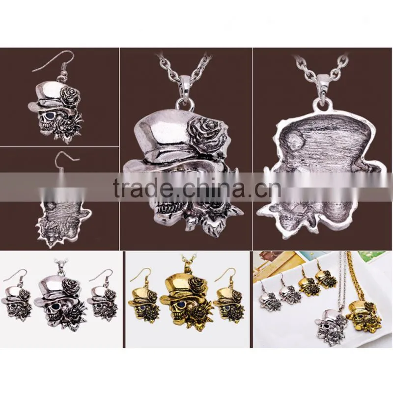 Hiphop imitation jewelry halloween necklace punk skull pendant with flower statment necklace sweater chain Yiwu factory