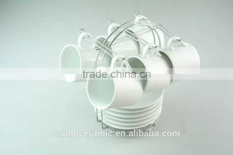 Bulk Stock High White 6pcs Ceramic Cup and 6pcs Saucer Rack with metal Rack