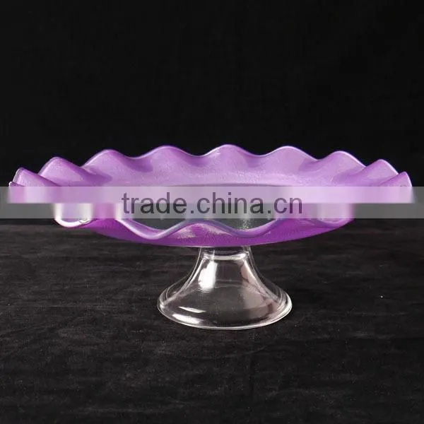 antique colorful glass cake plate with lacy rim