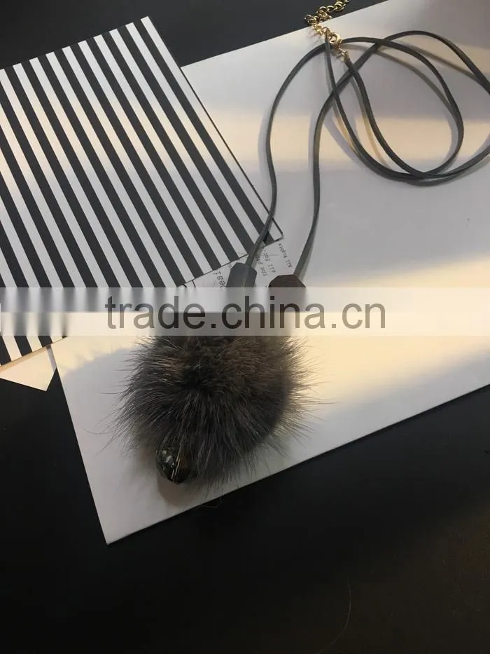 winter mink fur ball pendant necklace geometric bead suede leather necklace velvet leather necklace