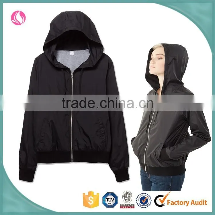 2016 ladies cheap fancy thin light waterproof shiny nylon zipper up jacket wholesale