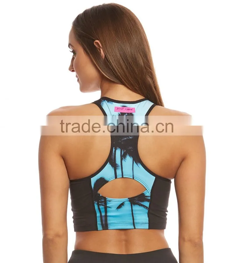 2017 ladies Custom design sublimation printed private label crop top Cutout Yoga Sports Bra wholesale