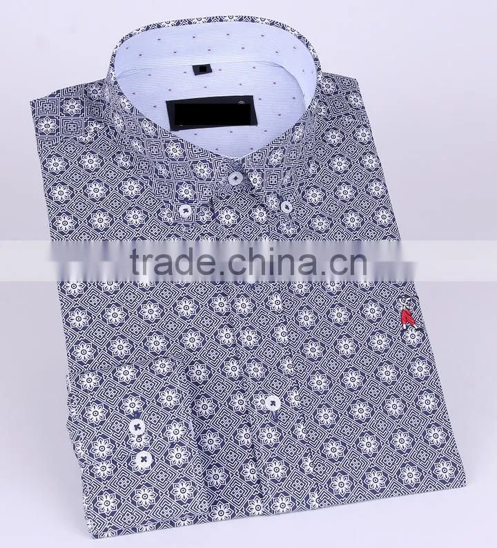2017 men's long sleeve graphic printed slim fit shirt with contrast collar and cuff