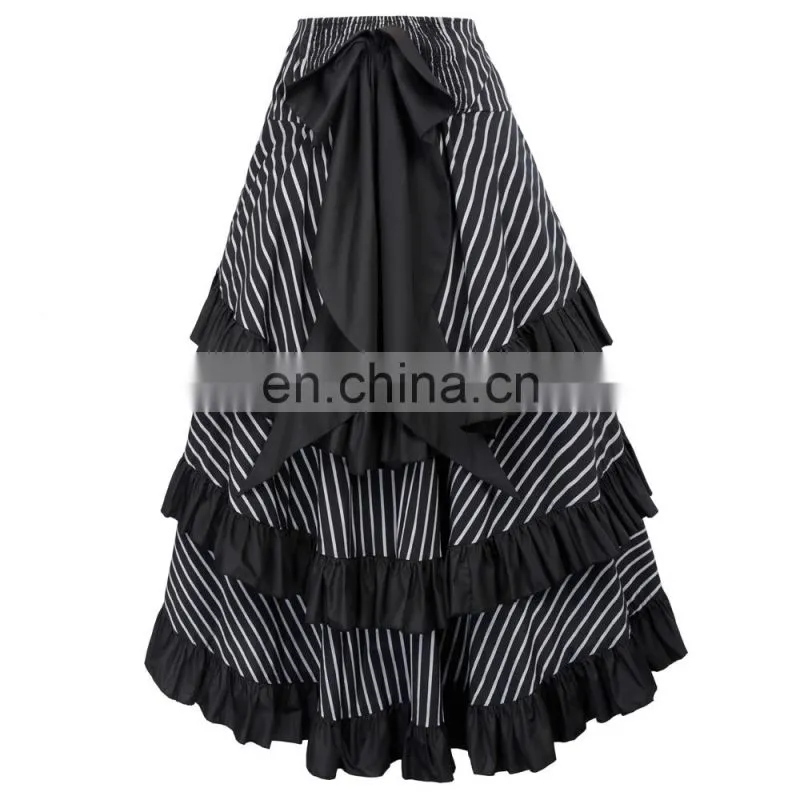 Belle Poque Striped Gathered Steampunk Vintage Gothic Style Black High-Low Skirt BP000345-2