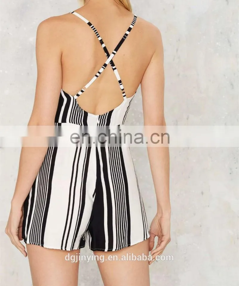 white and navy stripes Fashion jumpsuit adjustable straps unlined v neck with crossover design jumpsuits for women 2016