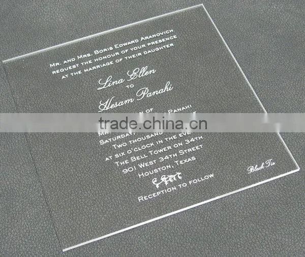 High Transparent custom acrylic/lucite transparent wedding invitation