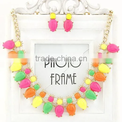 Fashion fluorescence color Water Drop Beads Bib Necklace Candy Resin beads Necklace