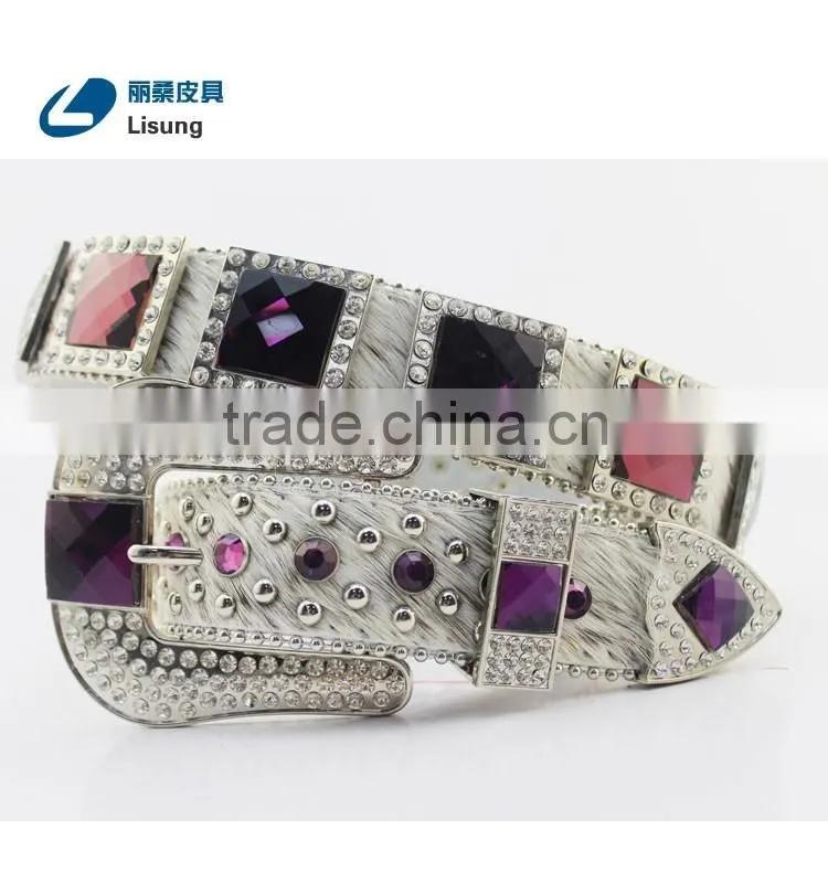 Purple Crystal Full Rhinestone Buckle Horse Hair Hide Western Cowgirl Belt