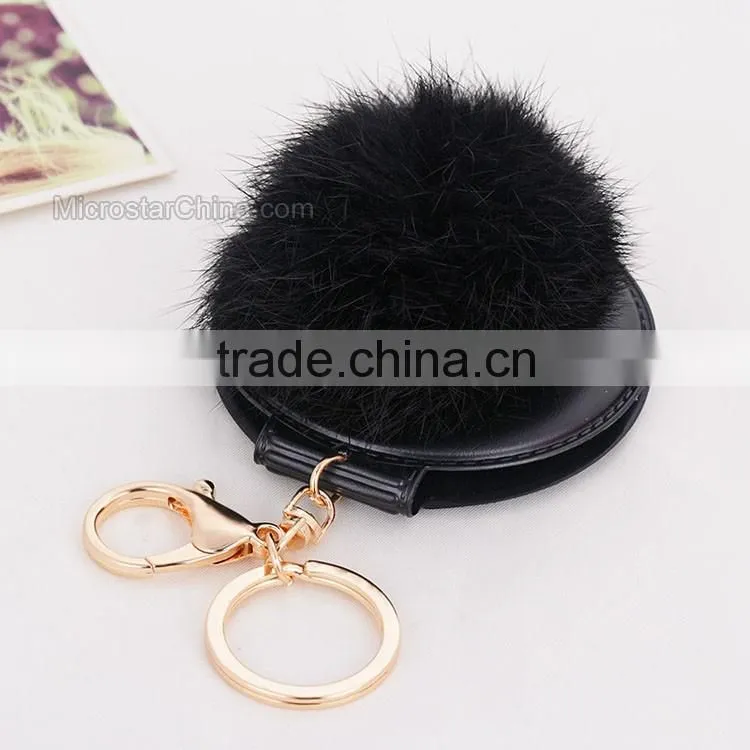 9cm Genuine Rex Rabbit Double Makeup Mirror Keychain Fur Ball Key Chain