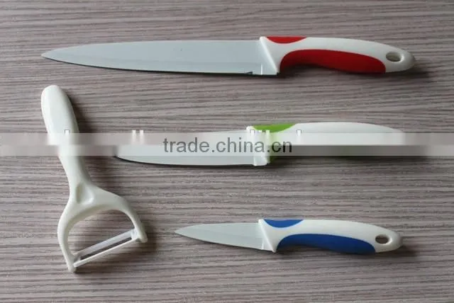 (NEW) 4pcs Ceramic Coating Stainless Steel Knife Set White Blade 3"+4"+5"+6" Double Color Handle