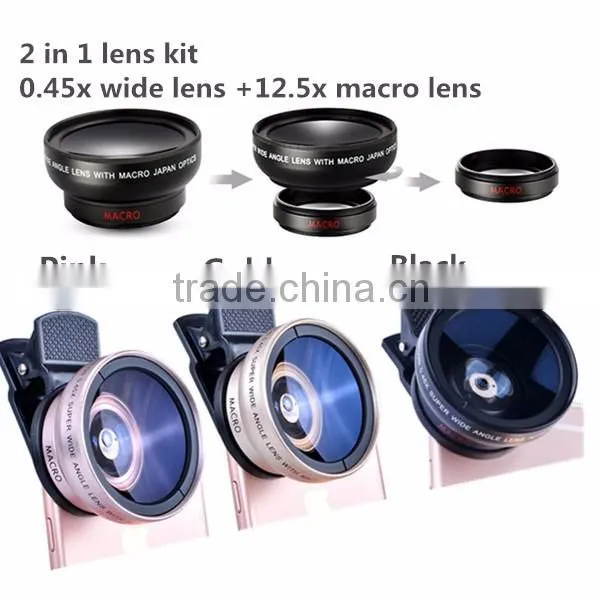 Newest Premium Quality 0.45X HD Super Wide Angle Lens 12.5X Macro 2 in 1 Lens Kit for iPhone 6S SE 5S Huawei HTC