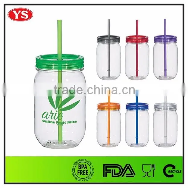 540ml food grade single wall plastic drinking jar with lid and straw