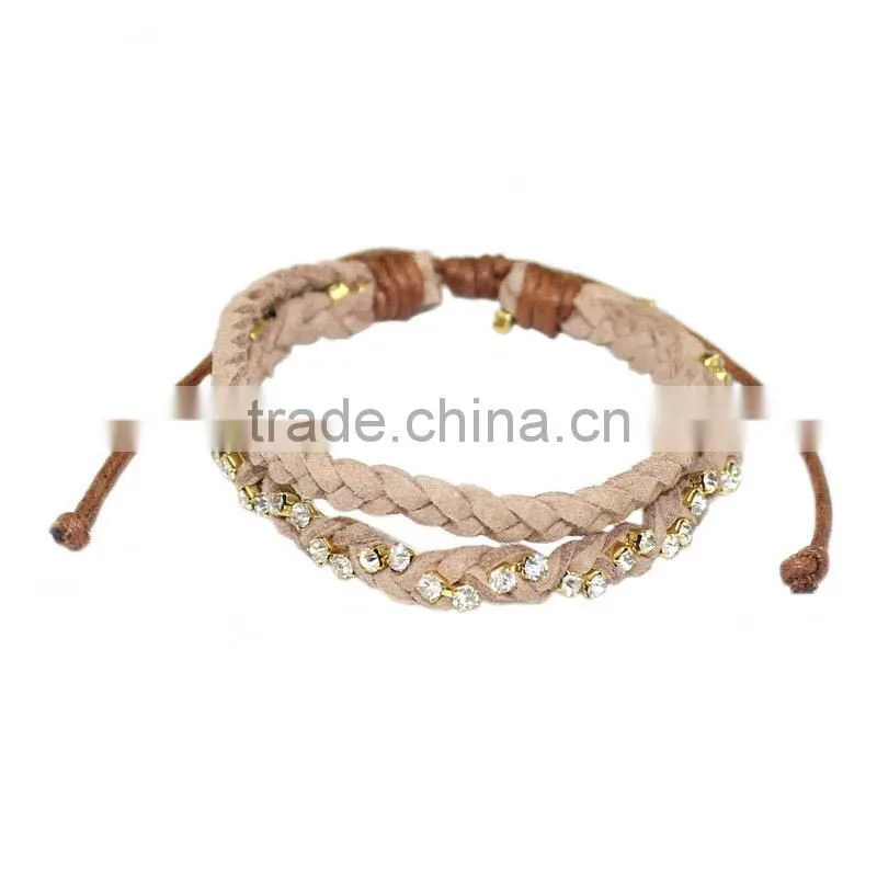 rhinestone chain suede leather braided layered bracelet double strand velvet leather handwoven bracelet