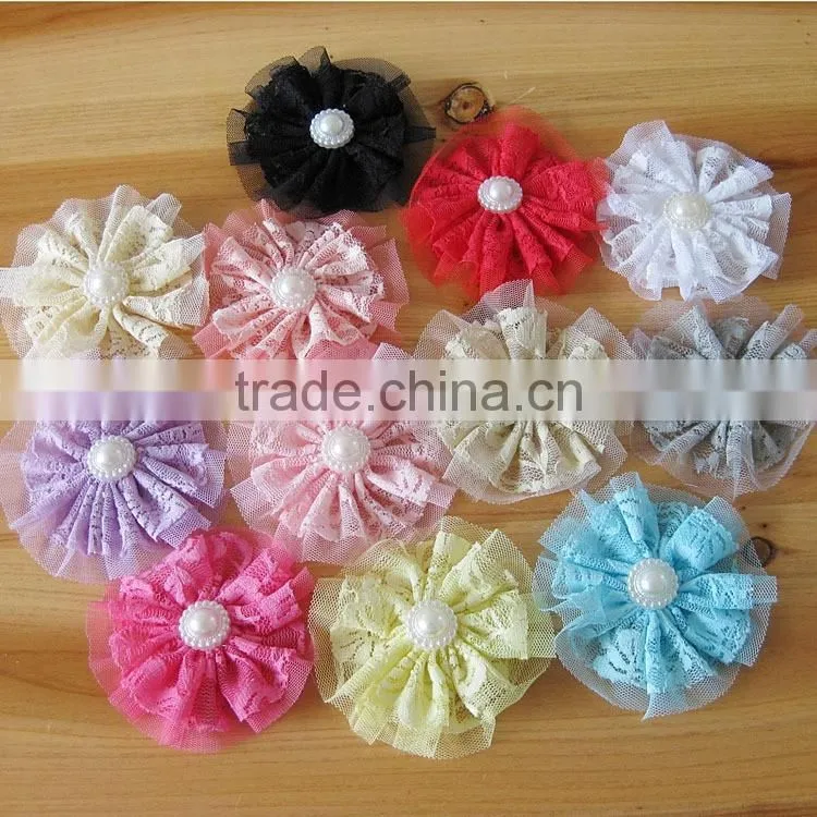 lace flower with pearl bead in center for kids hair accessories