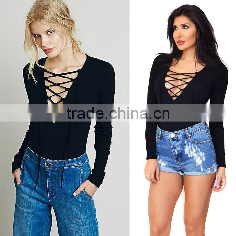 Sexy Lace-Up Women Plunge Suede Longsleeve Tie Front Bodysuit Leotard Blouse Top