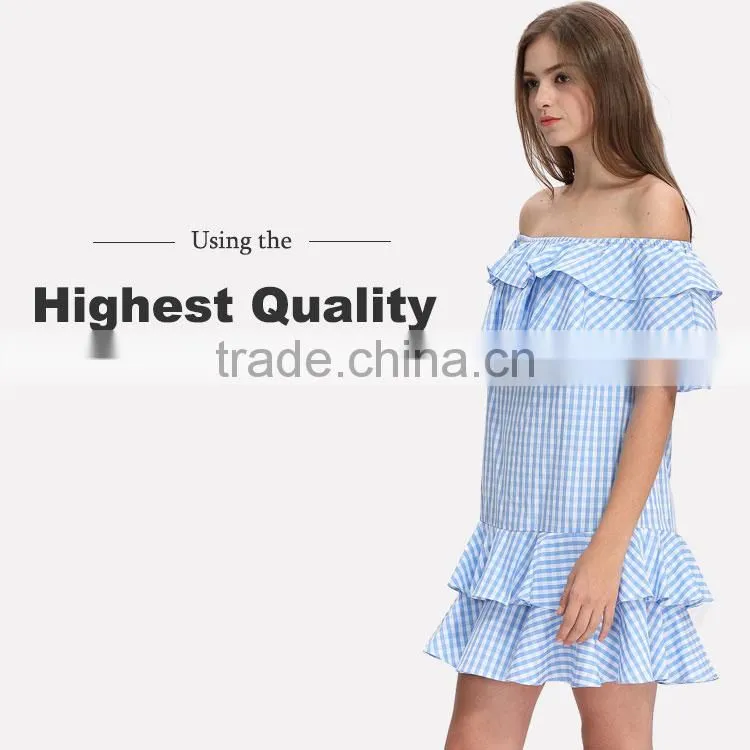 Off shoulder design woman summer fashion striped blue short falbala dress