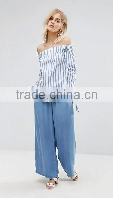 2017 Fashion Stripe And Tie Sleeve Off The Shoulder Top