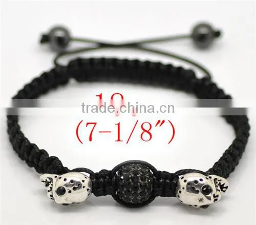 Pave Black Rhinestone Beads & Antique Silver Halloween Skull Beads & Black Braiding Adjustable Bracelets 18cm-25cm