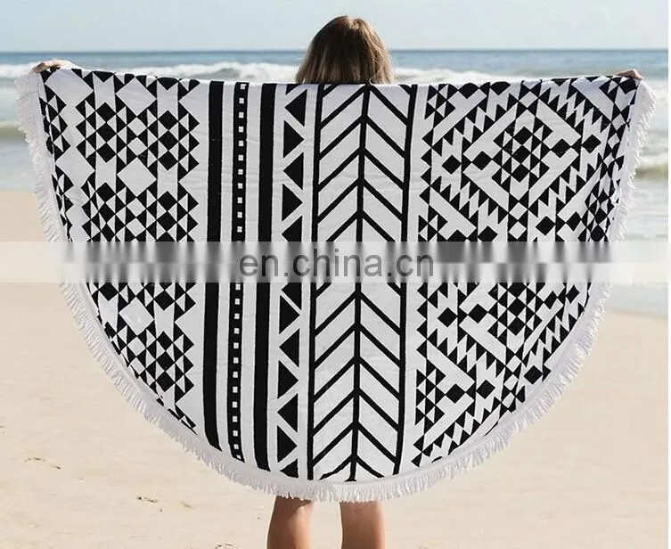 Printed velour %100 cotton round beach towel with polyester fringes