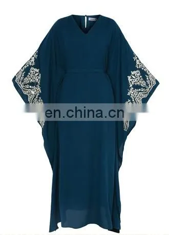 Women V-Neck Blue Abaya Muslim Dress With Embroidery