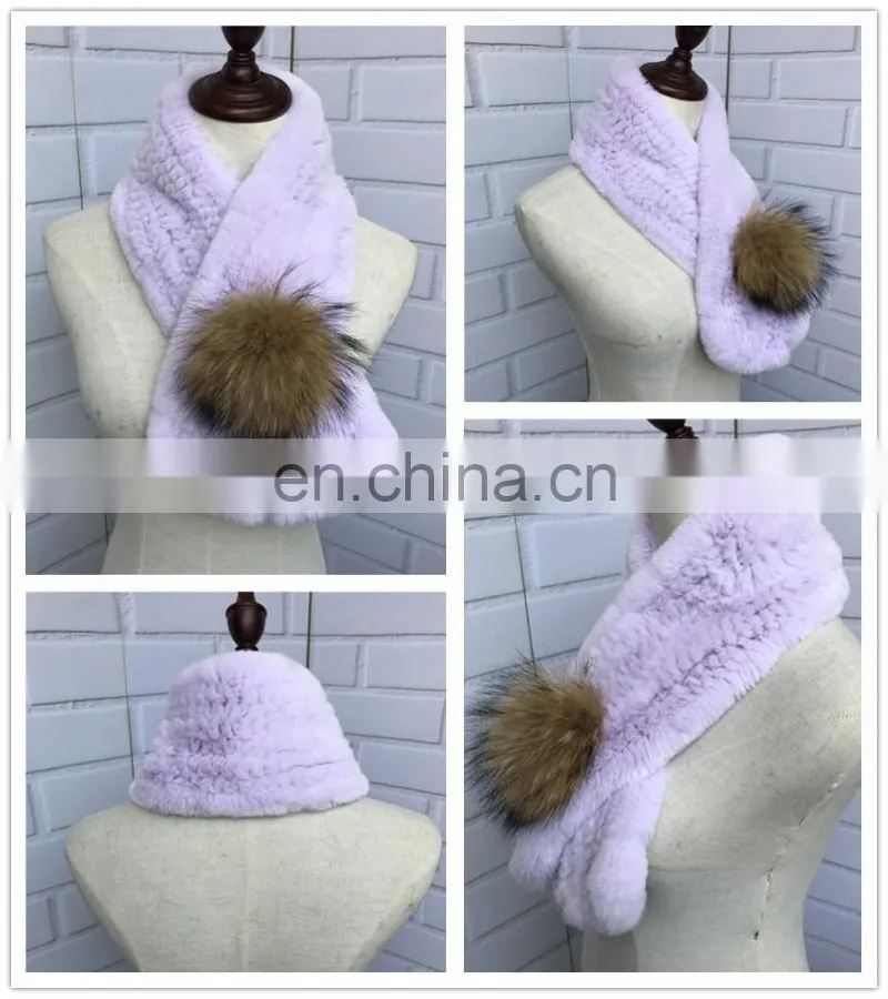 New Products Fashion Real Rex Rabbit Fur Knitting Scarf With Raccoon Fur Ball Large Scarf