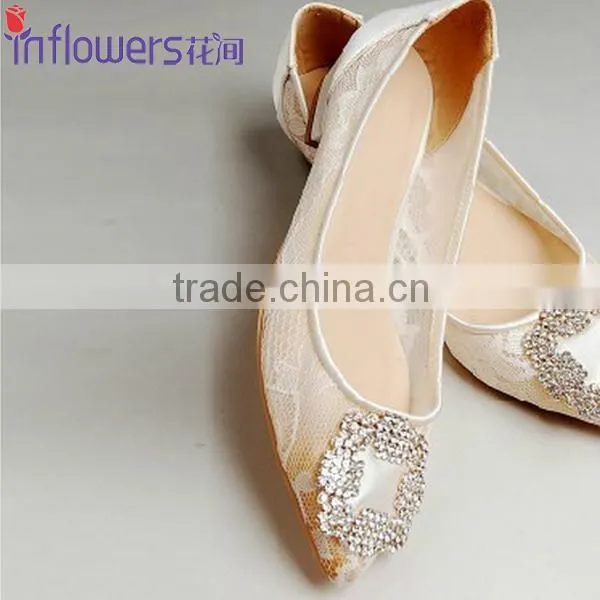 Wholesale black lace shoes rhinestone women flat dress shoes