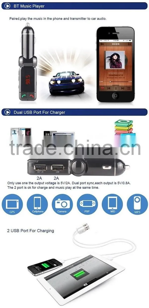 LCD Display TF card Car MP3 Audio Player Bluetooth FM Modulator USB Charger for iPhone Samsung
