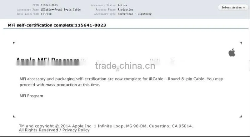 MFi cable 8pin charging and sync data for Apple cable, for iPhone5/5S cable, for iPadmini, for ipod manufacuter