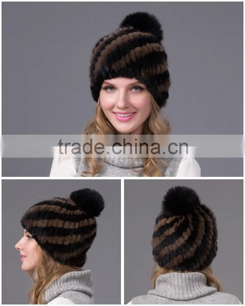 Winter rabbit fur pompom hat brown women mink fur hat knitted mink hat