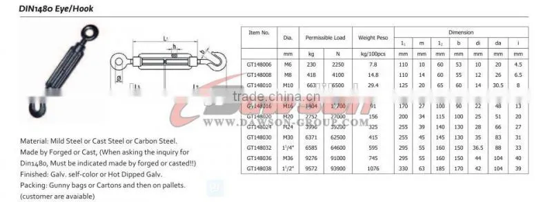 Eye and hook standard din 1480 turnbuckle