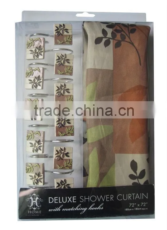 plant design shower curtain with12 pcs decorative resin hooks