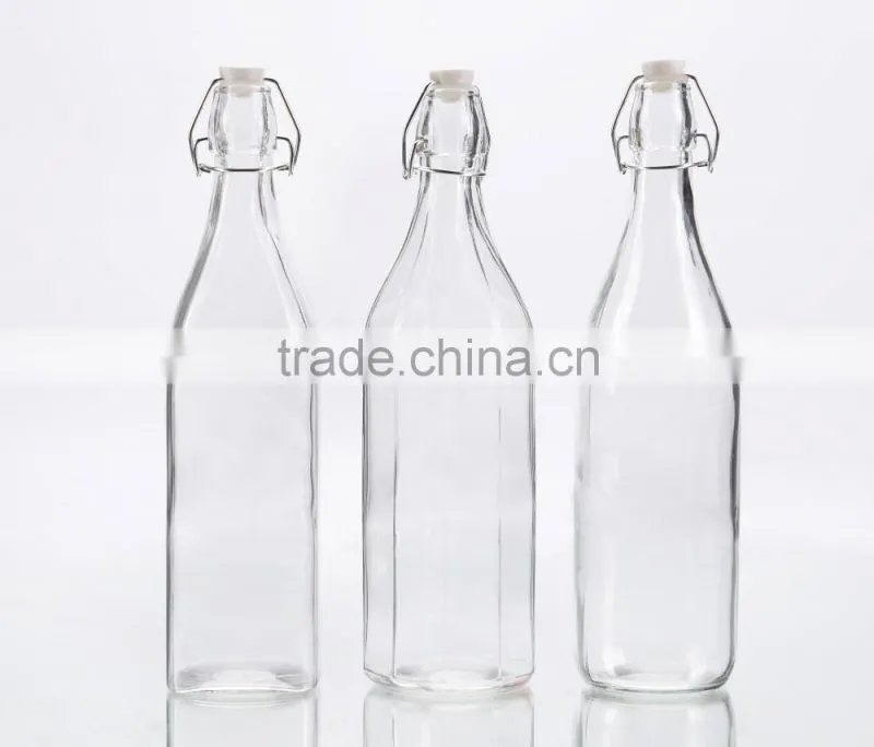 1 L Transparent Classic Clip Glass Water Bottle