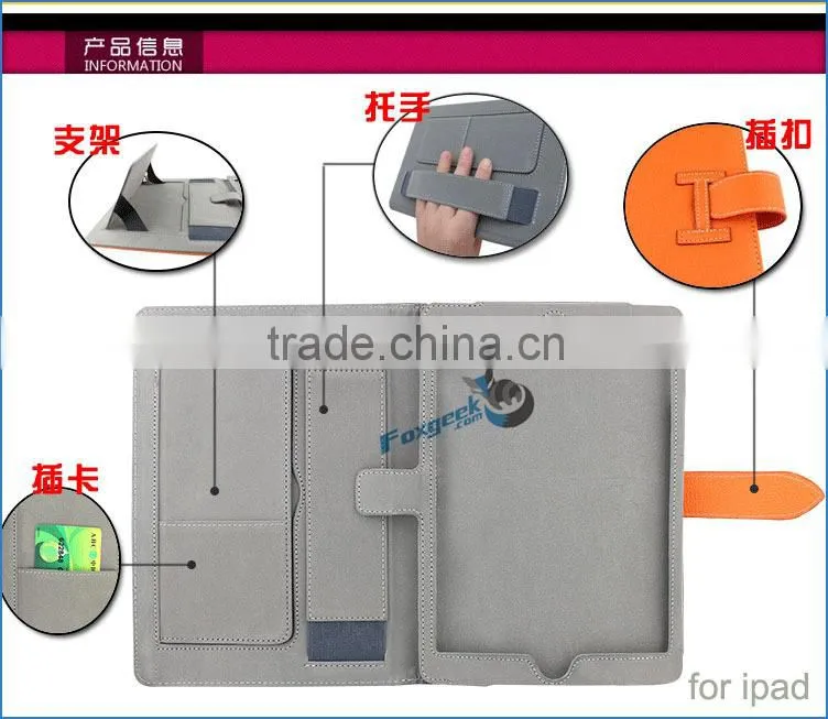 hot selling new design leather cover case with handle for ipad air/air 2 with Sleep/wake up function
