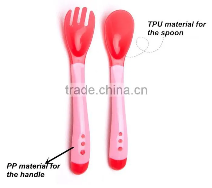 High quality Temperature Color Changing Silicone Feeding Spoon and Fork for Kids