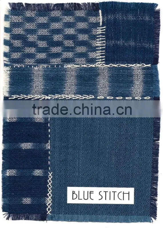 INDIGO DYED COTTON AND NATURAL BROWN COTTON HAND BAG WITH LEATHER SHOULDER-STRAP FROM THAILAND