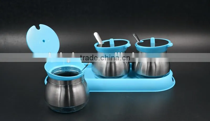 Set of 3 glass spice jar salt bottle condiment jar with stainless steel coat